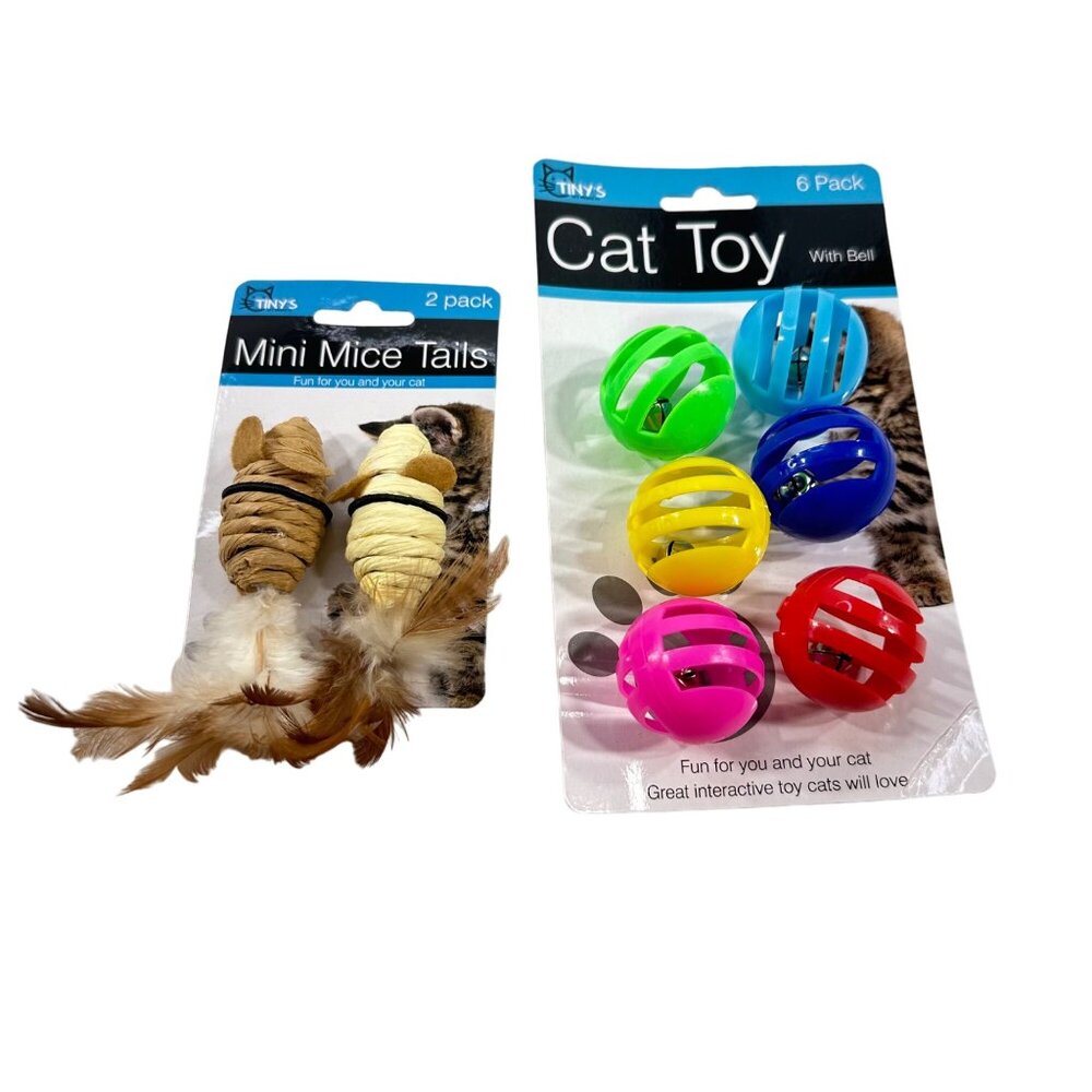 Tiny's Cat Toy 6 Pack Balls With Bell 2 Pack Mini Mice Tails Toys New